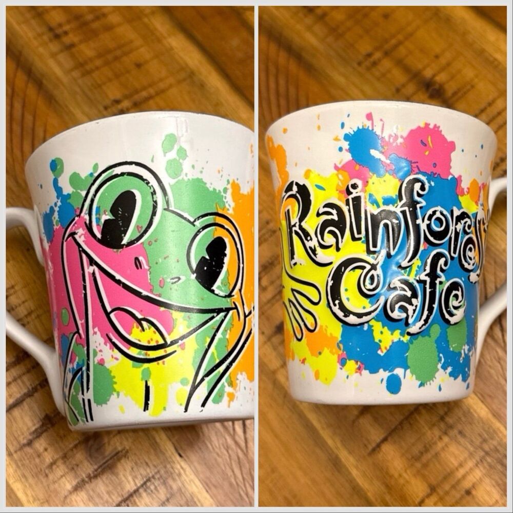 Rainforest Cafe White Neon Splatter Souvenir Mug Cha! Cha! 90s Vintage